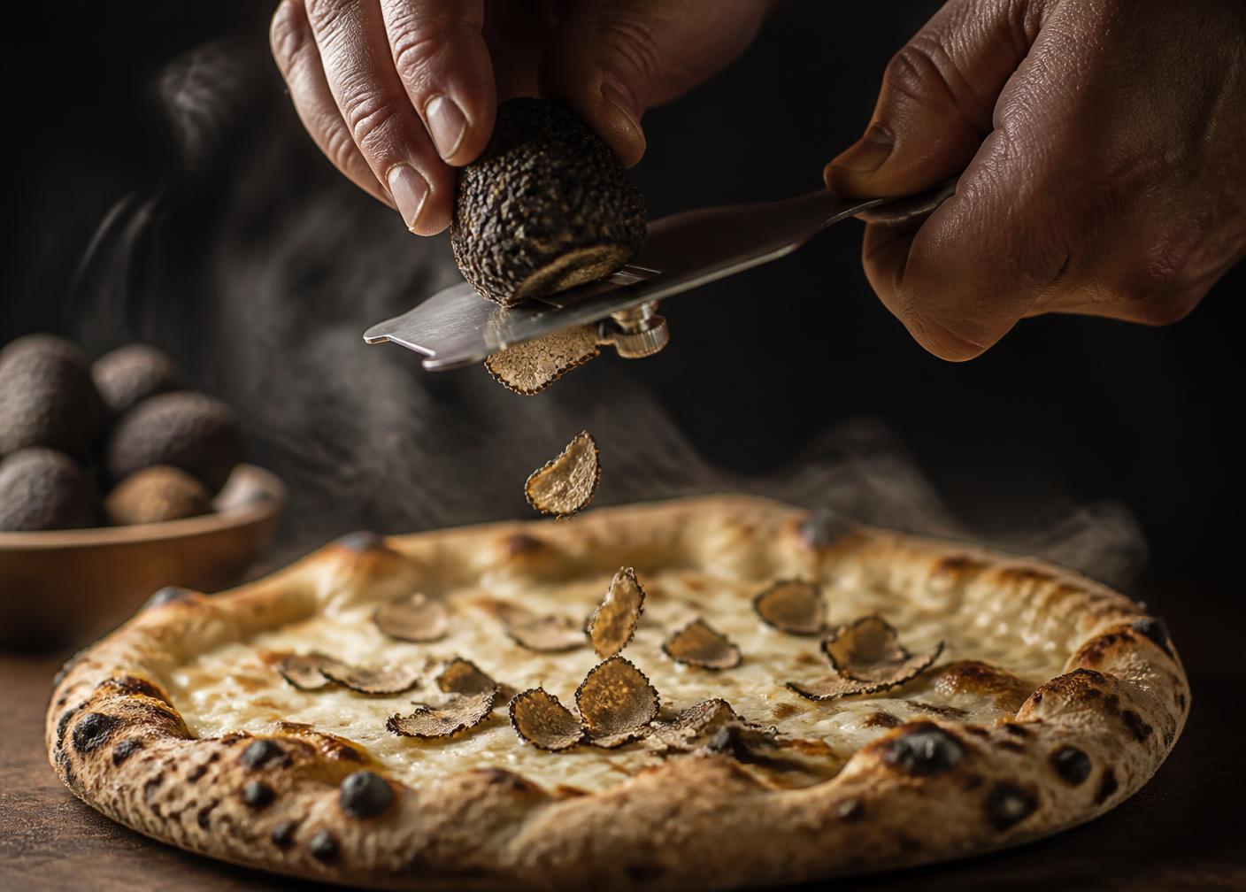 Truffle and mushroom pizza with smoked mozzarella, fresh from the oven