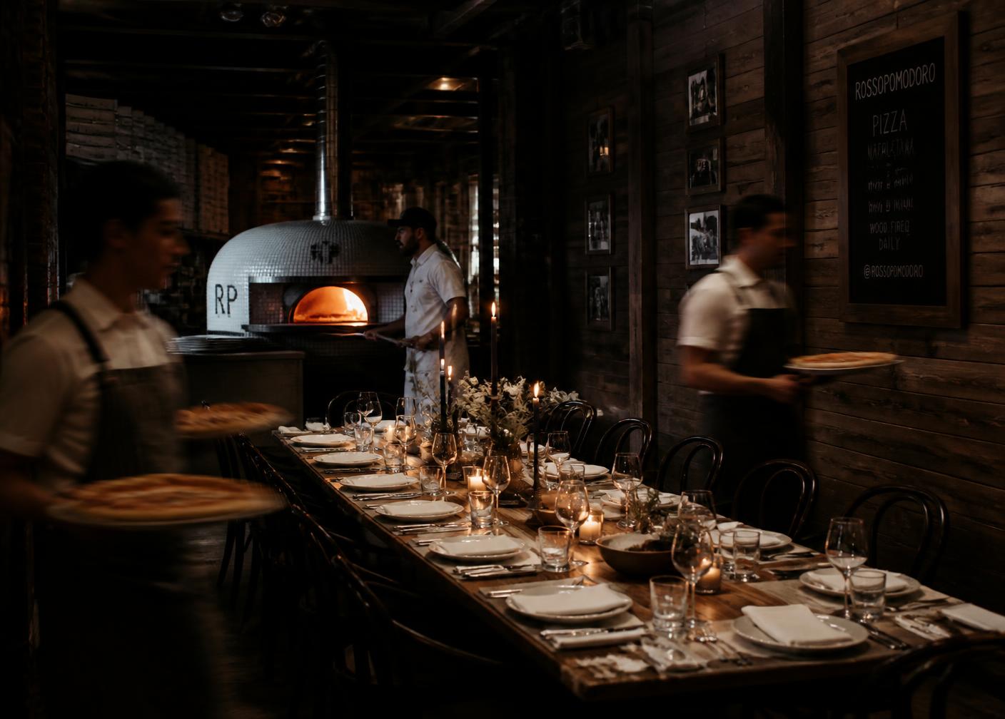 Private dining room set with long tables for a group event