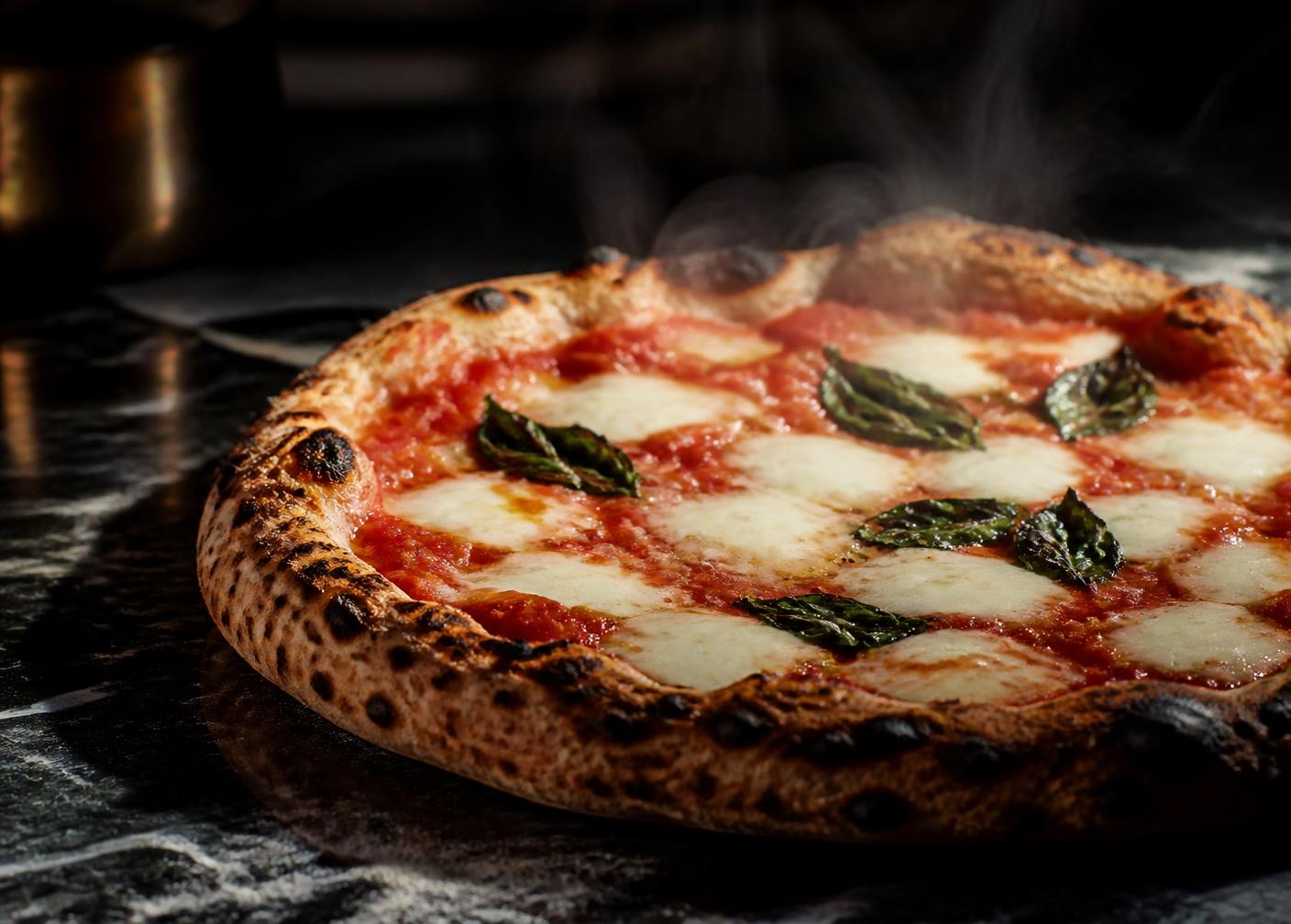 Blistered Neapolitan margherita pizza with basil, shot from above
